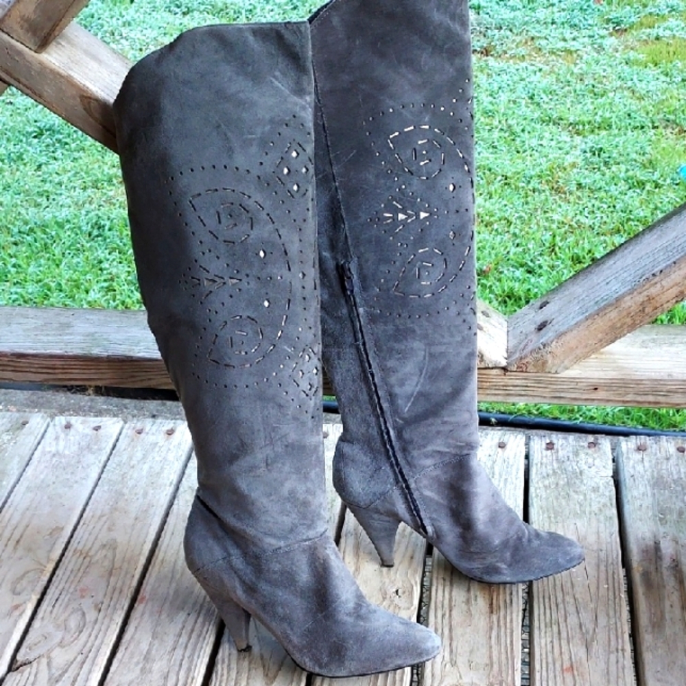 Office (London) Gray Suede Knee-High Boots